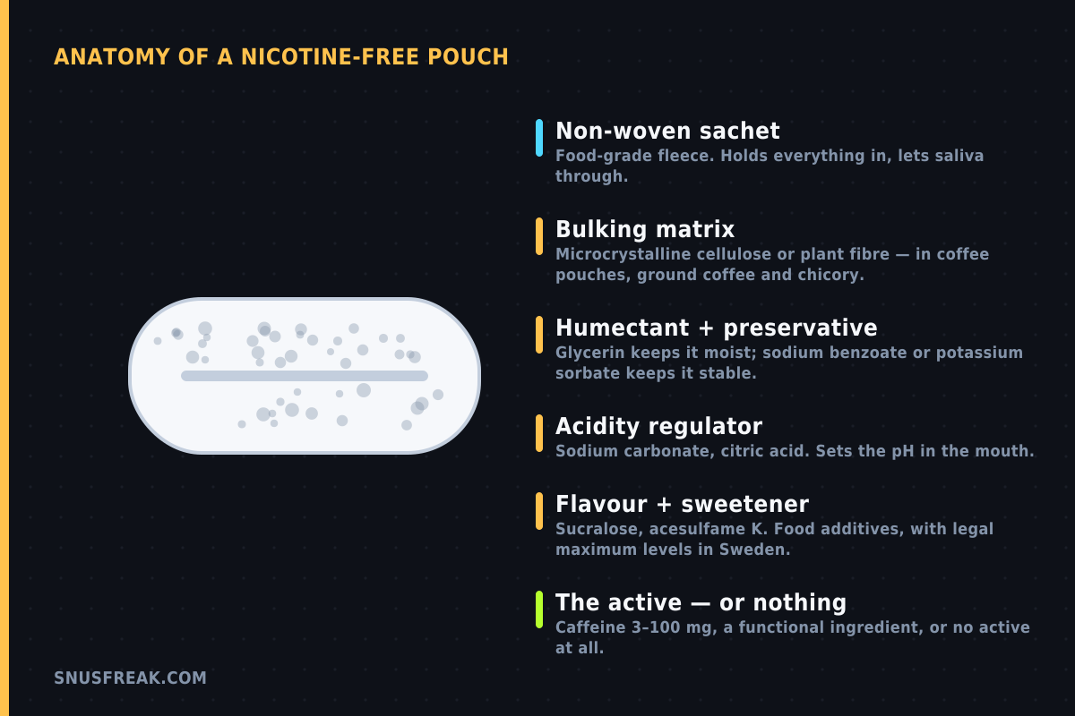 Diagram of a nicotine-free pouch in cross-section, labelling the non-woven sachet, the bulking matrix, the humectant, the acidity regulator, the sweetener and the optional active ingredient
