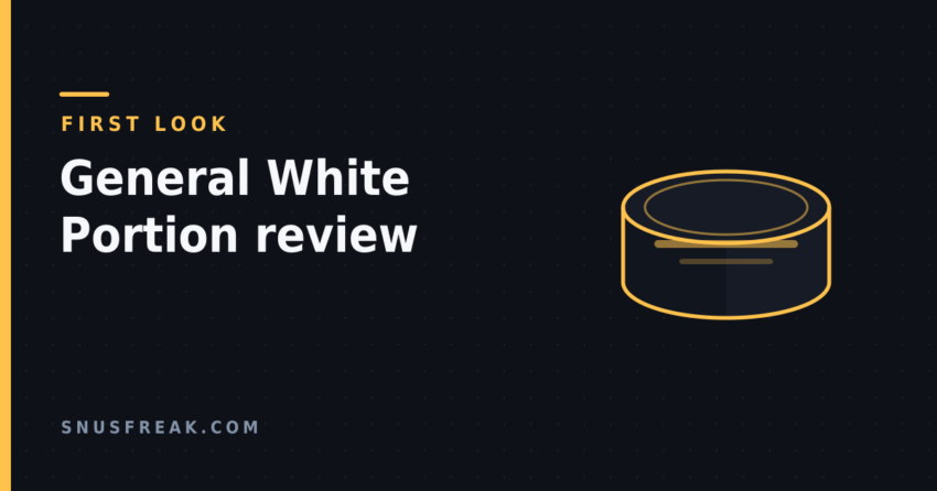 Illustration of a snus can drawn in amber line art on a dark background, labelled first look