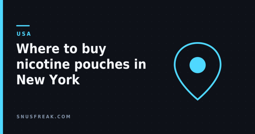 Dark title card reading Where to buy nicotine pouches in New York beside a cyan map pin outline