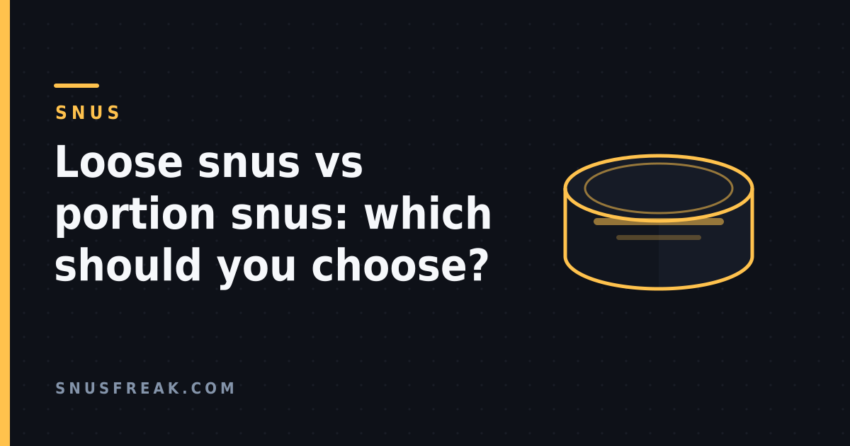 Dark editorial graphic showing a generic unbranded snus can drawn in gold outline, with the section label Snus