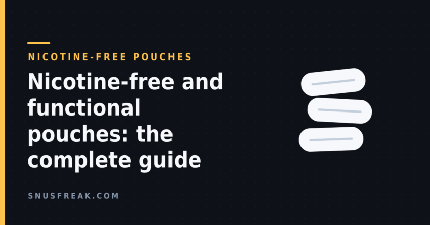 Snus Freak house artwork: three white oral pouches on a dark grid, captioned nicotine-free pouches