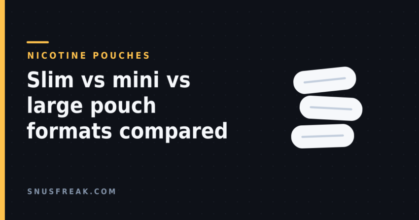 Line illustration of three stacked white nicotine pouches of differing sizes on a dark background, in the Snus Freak house style.