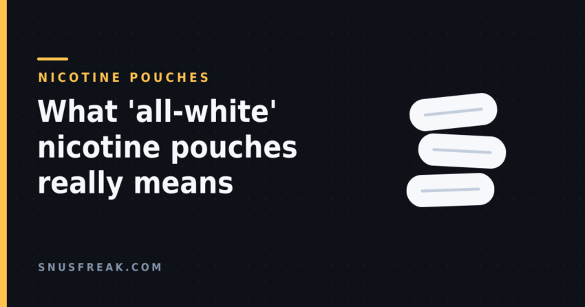Dark editorial graphic showing three plain white pouch shapes stacked at slight angles, with the section label Nicotine Pouches