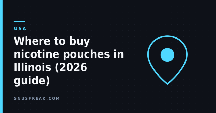 Illustration of a map pin on a dark background beside the article title about buying nicotine pouches in Illinois