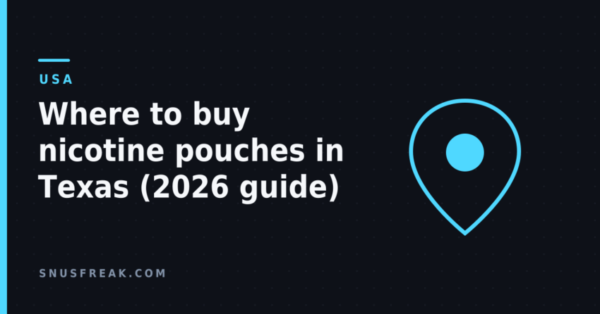 Dark title card with a cyan map-pin outline, headline reading Where to buy nicotine pouches in Texas