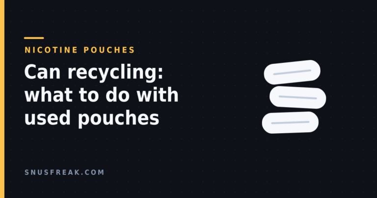 Three stylised nicotine pouches on a dark background, illustrating an article about disposing of used pouches and recycling the can.