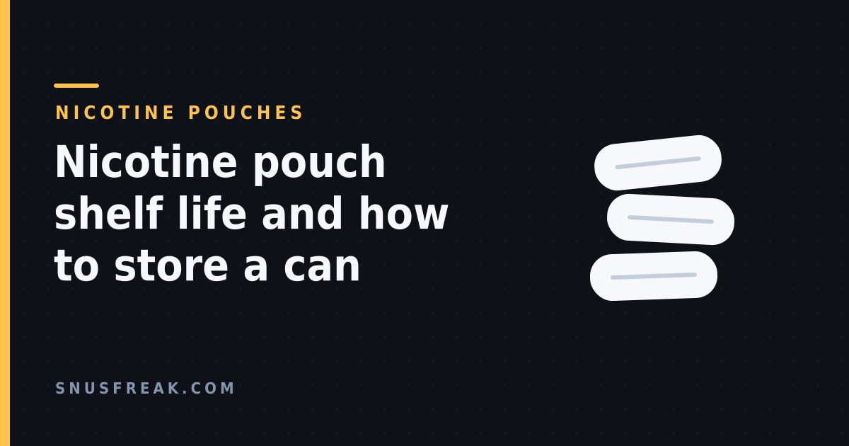 Illustration of three stacked nicotine pouches on a dark background with the headline "Nicotine pouch shelf life and how to store a can".