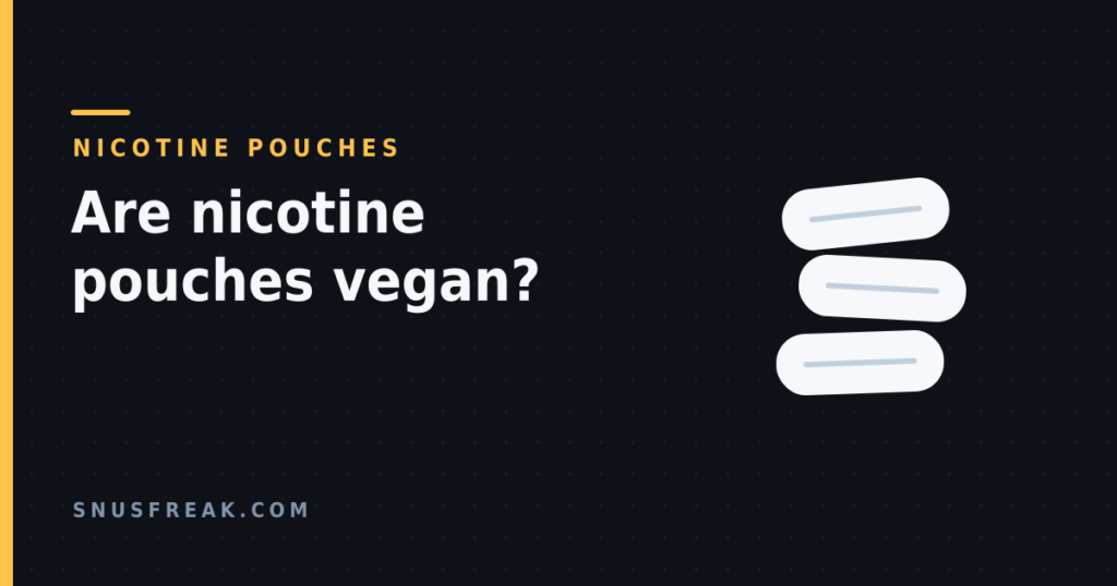 Dark banner with the headline 'Are nicotine pouches vegan?' beside three stacked white line-drawn nicotine pouches.