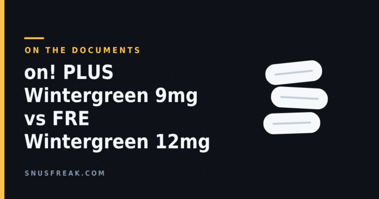 Dark banner reading 'on! PLUS Wintergreen 9mg vs FRE Wintergreen 12mg' under the kicker 'On the documents', beside three stacked white line-drawn nicotine pouches.