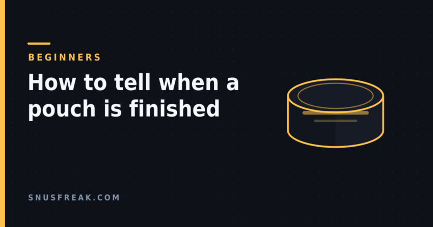 Dark title card reading "How to tell when a pouch is finished" beside an unbranded line drawing of a round pouch can with its lid on.