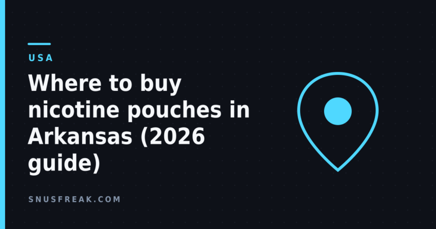Outlined cyan map pin on a dark background beside the article title about buying nicotine pouches in Arkansas.