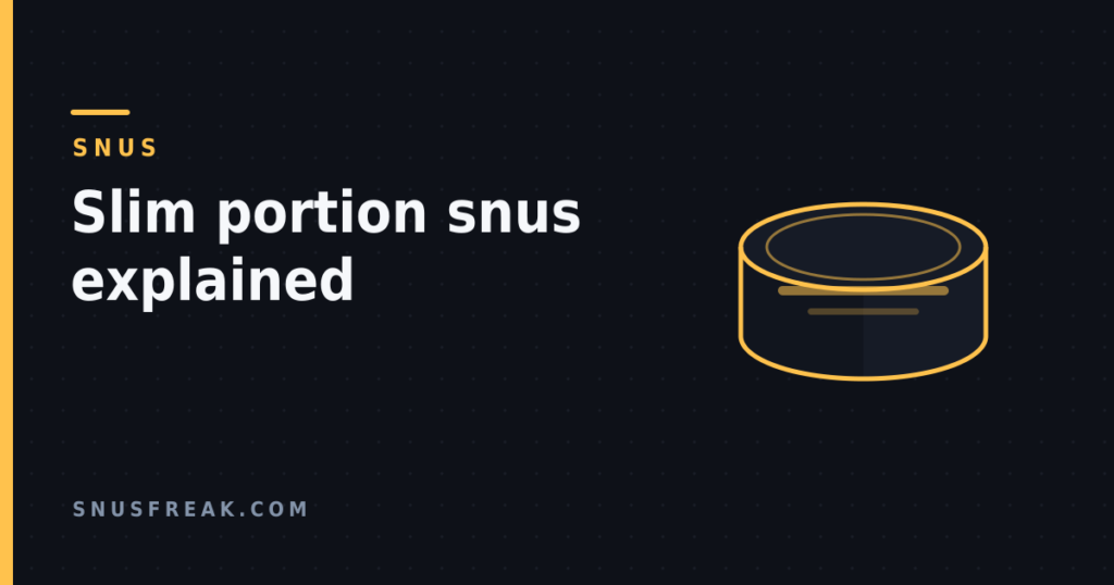 Dark title card with the word SNUS above the article title and a line drawing of a round snus can at the right.