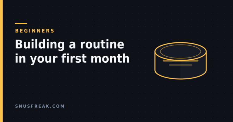 Dark editorial banner reading "Building a routine in your first month" beside a line-drawn pouch can.