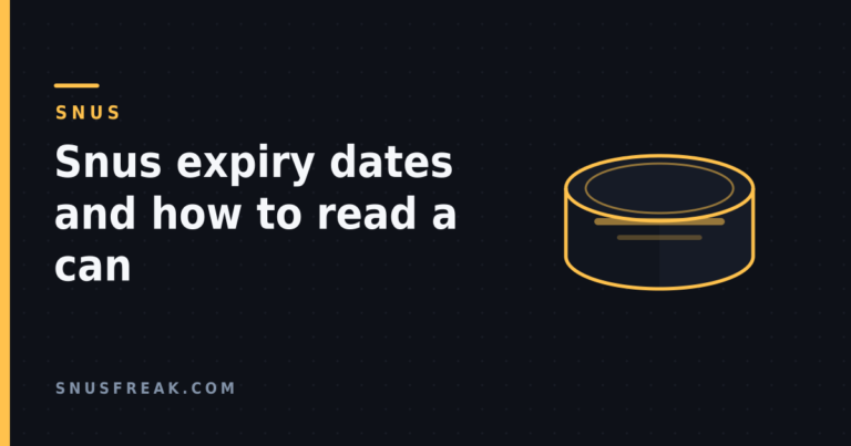 Dark editorial banner reading "Snus expiry dates and how to read a can" beside a line-drawn snus can.