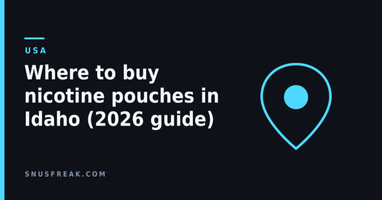 Dark editorial banner reading "Where to buy nicotine pouches in Idaho (2026 guide)" beside a map pin outline.