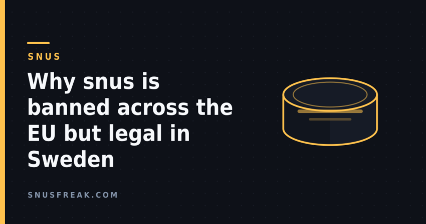 Dark graphic with the article title beside a line drawing of a generic round snus can, on the Snus Freak house template