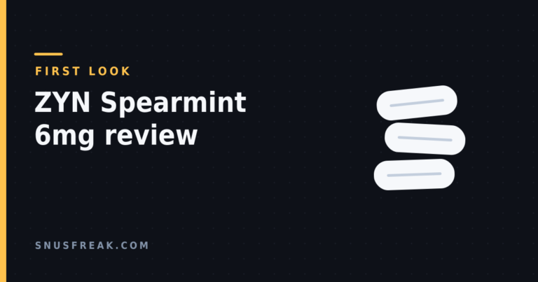 Three stylised nicotine pouches on a dark background with a FIRST LOOK label, illustrating a specification-based first look at a spearmint pouch.