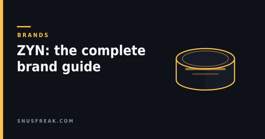 Dark title card reading "ZYN: the complete brand guide" beside an unbranded line drawing of a round nicotine pouch can.